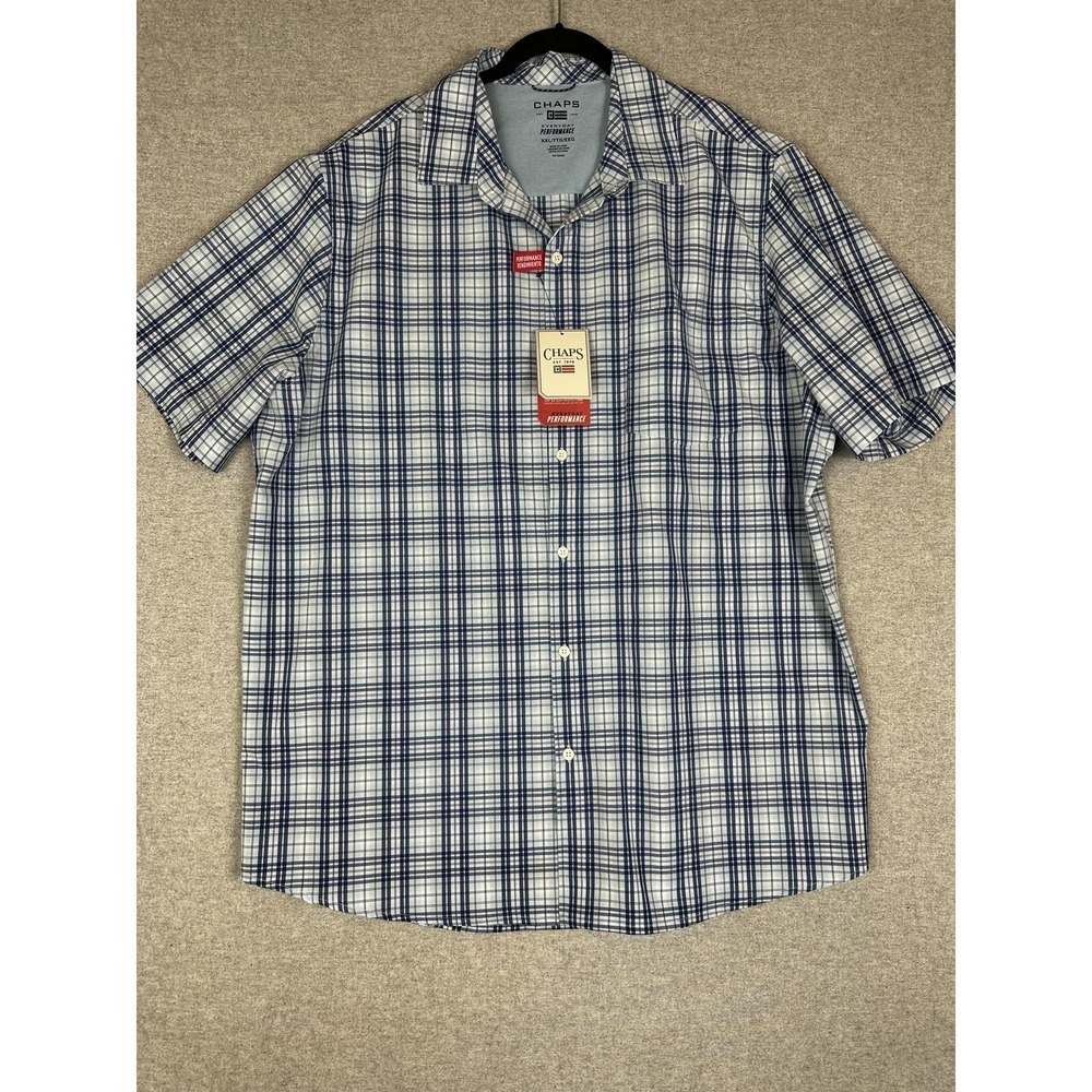 Chaps Everyday Performance Shirt Mens 2XL Blue Plaid Short Sleeve Stretch UPF